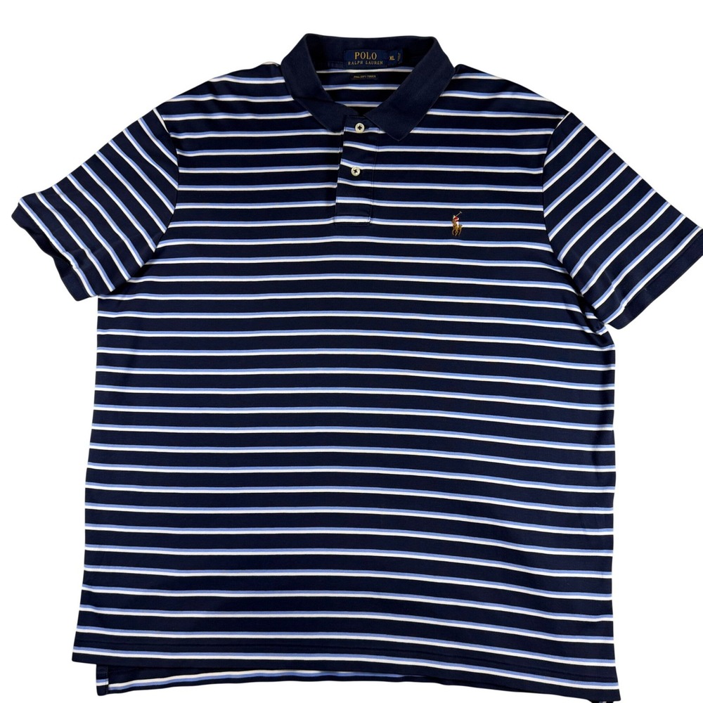 Polo Ralph Lauren Mens XL Pima Soft Touch Striped Polo Shirt Navy Blue Short Slv